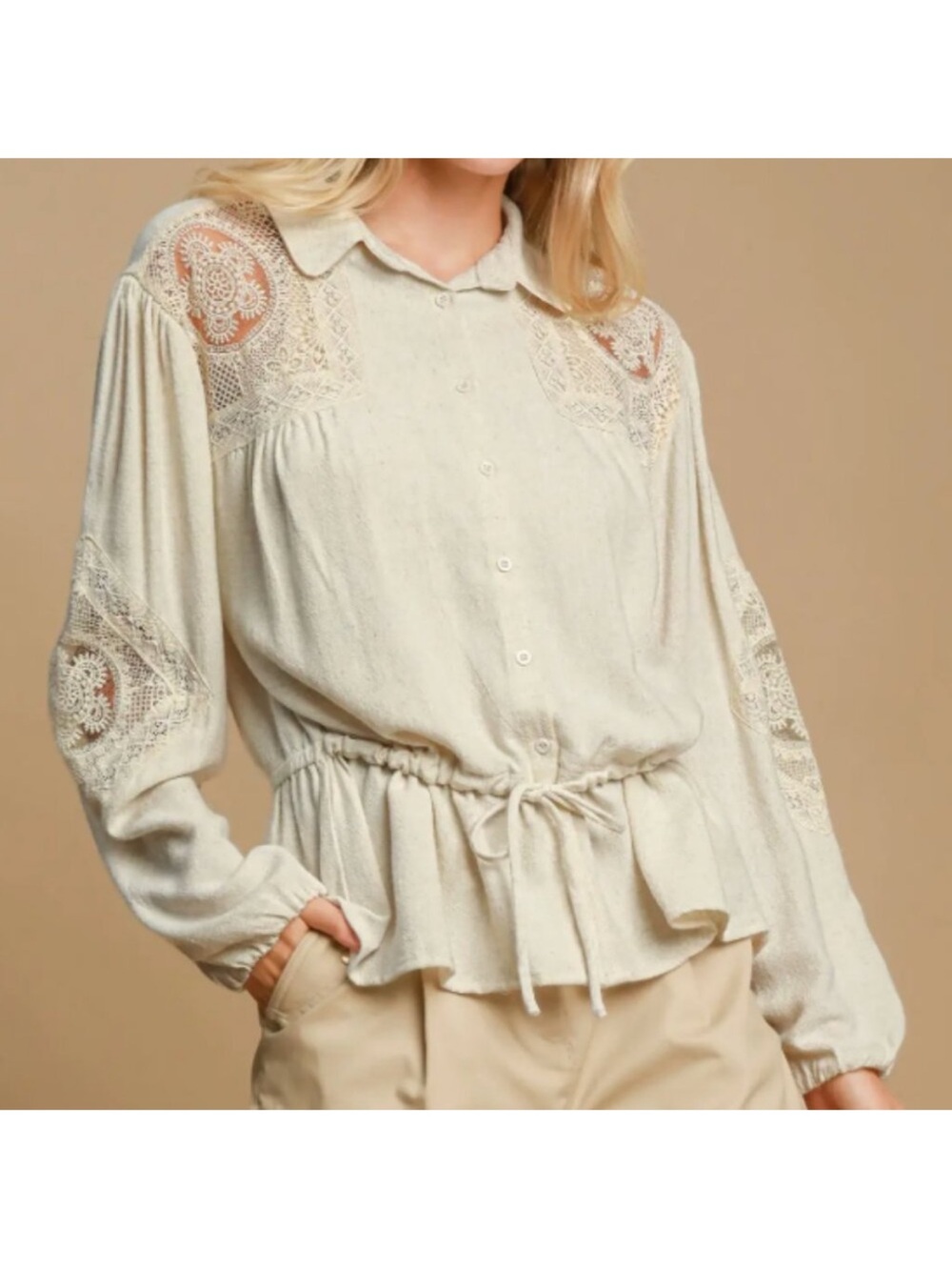 Blouse NWT Lace-Trim Drawstring Peplum Blouse - Cream eyelet and lace